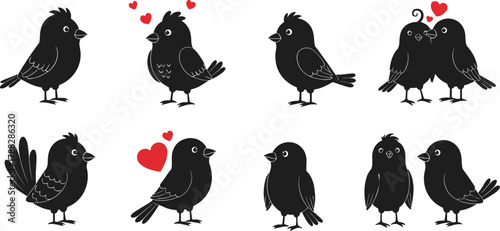 Cute cartoon birds in love, adorable vector illustration of black birds with red hearts, romantic animal couple design isolated background