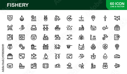 Fishery Line Art Icon Set. Sleek and Creative icons for aquaculture, fishing, and marine trade
