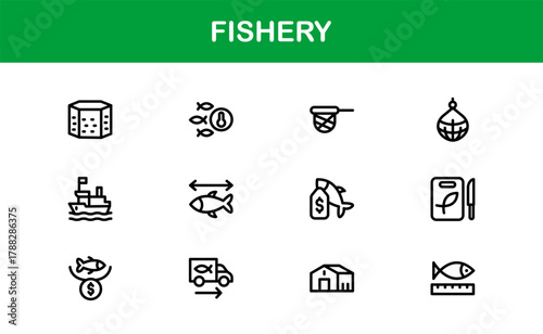 Fishery Simple Icon Set. Minimal and Professional icons for marine life, fishing, and aquaculture
