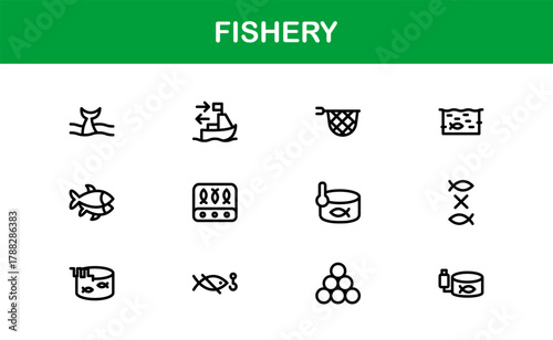 Fishery Stroke Icon Set. Modern and Creative icons for fishing, aquaculture, and seafood tools
