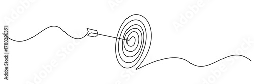 Single continuous line drawing vector illustration of a target with an arrow hitting vector illustration. Isolated on transparent background