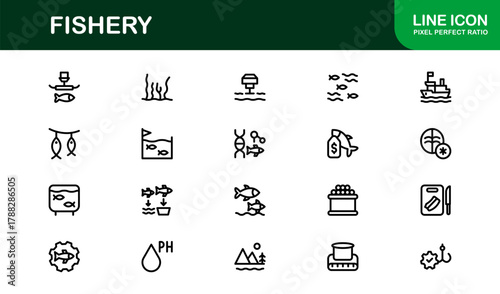 Fishery Minimal Icon Set. Elegant and Sleek icons for marine life, aquaculture, and fishing tools
