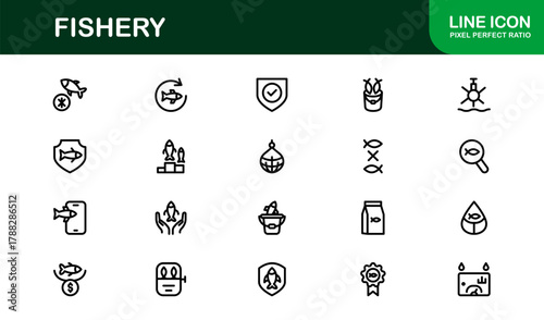 Fishery Thin Icon Set. Sleek and Professional icons for seafood industry, fishing, and aquaculture
