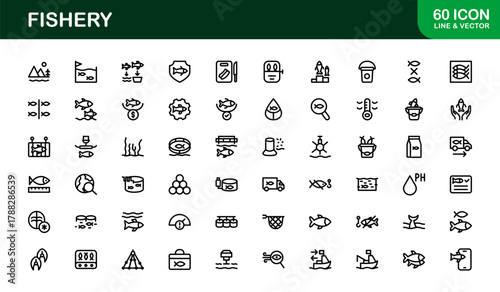 Fishery Glyph Icon Set. Minimal and Modern icons for sustainable fishing, aquaculture, and seafood
