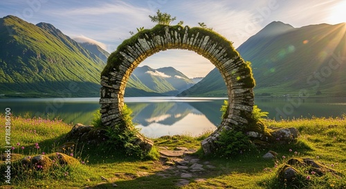Ancient Stone Archway Revealing Serene Mountain Lake Landscape