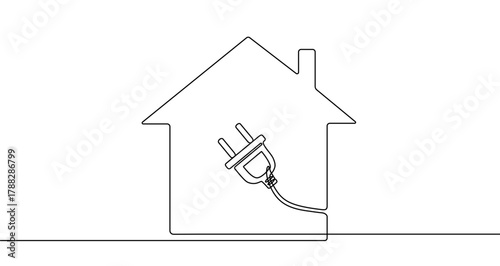 Silhouette of a house with a European electric plug inside, drawn with one continuous line. Symbol of power supply. Vector illustration.