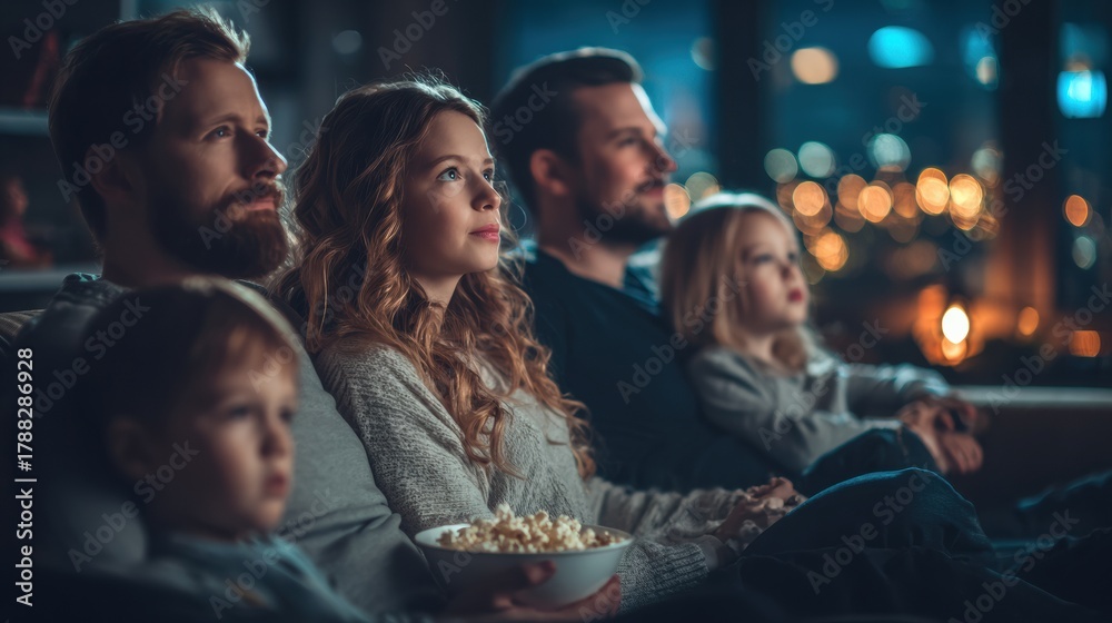 Fototapeta premium Family Enjoys Cozy Movie Night on the Sofa, Bonding and Sharing Laughs Together