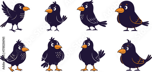 Cute cartoon bird set, adorable vector illustration of funny black birds with orange beaks, isolated on white background, animal character design