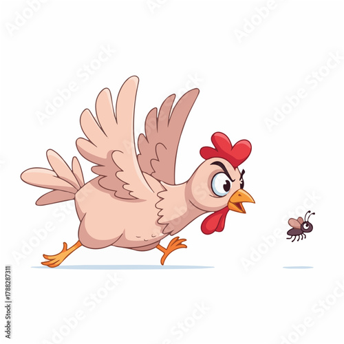 Chicken Chasing Bug with Focused Eyes