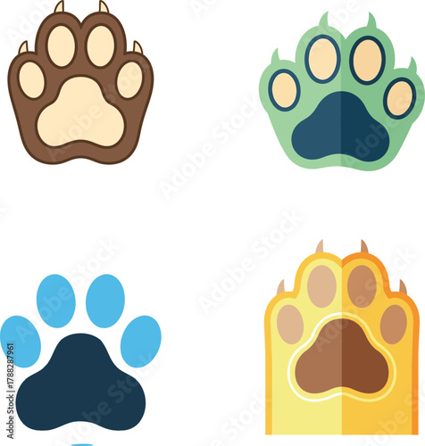 A colorful collection of four vector animal paw print icons