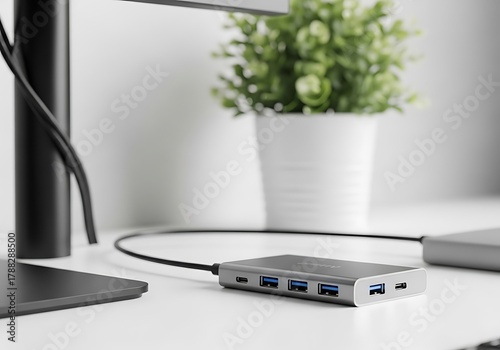 Modern usb hub with multiple ports connected to a laptop on a clean desk with a potted plant in the background