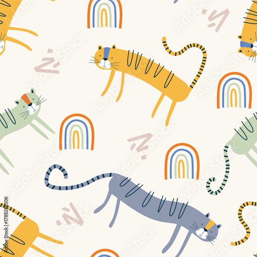 Whimsical Cat seamless pattern with rainbow. Playful vector illustration Design for Baby Apparel, Nursery, Textile and Gift Wrap