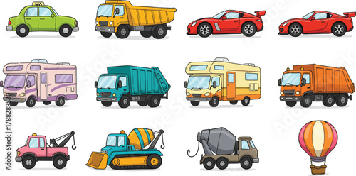 Colorful Cartoon Construction and Transport Vehicles Collection