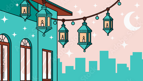 Colorful lanterns hanging outside building at night during Las Posadas, festive warmth