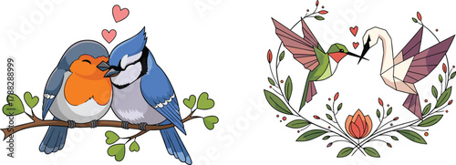 Romantic birds couple illustration, love birds on branch, origami style hummingbird and crane, heart and floral decorative valentine vector art