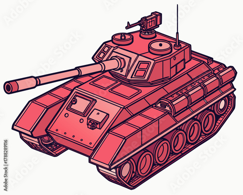 Red fire rescue robot in isometric style, providing safety and firefighting services, with scouting capabilities, isolated vector.