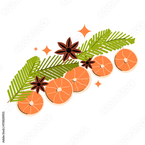 Festive vector illustration with dried orange slices, pine branches, and anise stars. Perfect for Christmas decoration design, holiday cards, natural winter decor, and packaging