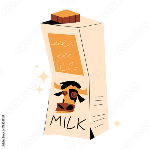 Vector illustration of a milk carton with cow print. Minimal design element perfect for dairy packaging, food branding, and healthy lifestyle concepts. Isolated on white background