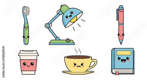 set of funny cartoon office objects