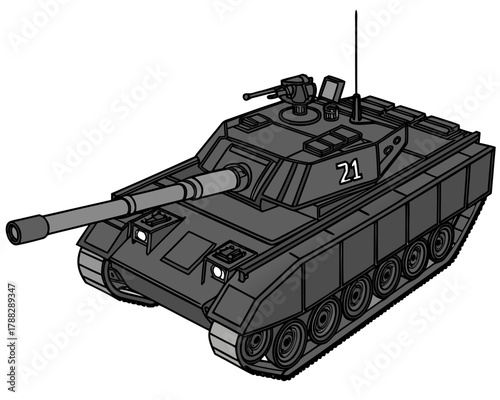 Isometric illustration of a black, fire rescue robot, highlighting its firefighting and scouting functions in emergency situations.