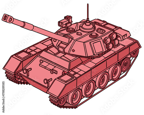 Isometric vector of a fire rescue robot, equipped for firefighting and scouting, offering safety services with a red fire-fighting design.