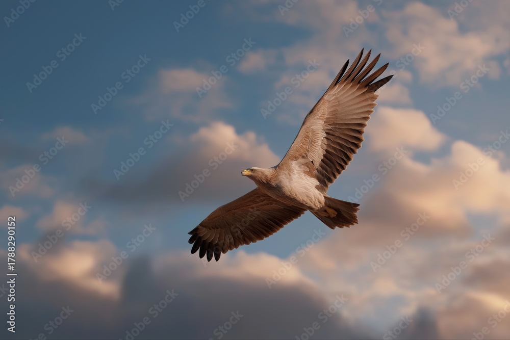 Obraz premium Majestic eagle soaring against a sunset sky with dramatic clouds