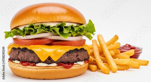 Delicious Cheeseburger with Crispy French Fries and Ketchup