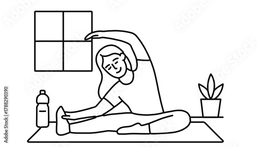 Woman Exercising at Home on Yoga Mat Outline Vector – Fitness Workout Illustration, Minimal Line Art, and Healthy Lifestyle Design
