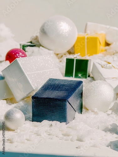 Oversized Vintage Ornaments and Gift Boxes on Snow