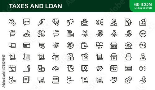 Taxes and Loan Stroke Icon Set. Modern and Sleek icons for financial planning, taxes, and loans
