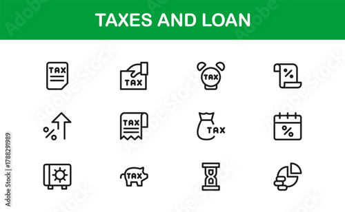 Taxes and Loan Flat Icon Set. Sleek and Creative icons for loan management, taxes, and finances
