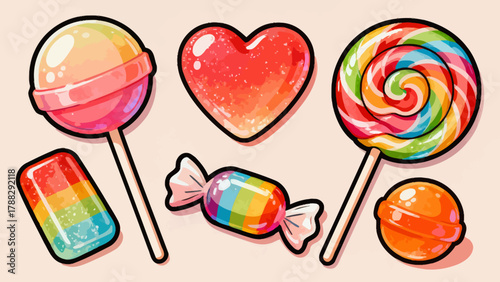 A collection of various candies, cartoon hand-drawn vector illustrations, lollipops, gummy candies, fruit candies, chocolate candies, and crystal candies