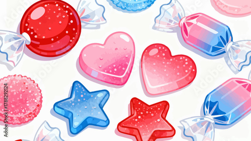 A collection of various candies, cartoon hand-drawn vector illustrations, lollipops, gummy candies, fruit candies, chocolate candies, and crystal candies