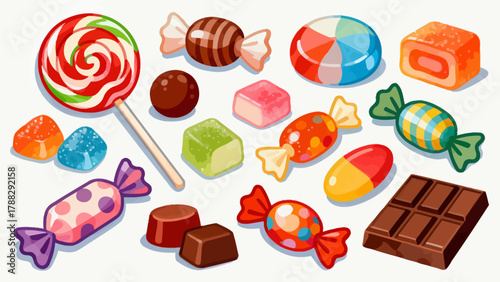 A collection of various candies, cartoon hand-drawn vector illustrations, lollipops, gummy candies, fruit candies, chocolate candies, and crystal candies