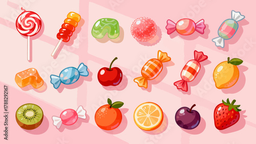 A collection of various candies, cartoon hand-drawn vector illustrations, lollipops, gummy candies, fruit candies, chocolate candies, and crystal candies