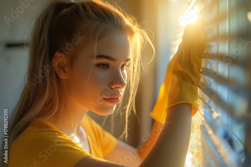 A young woman in a yellow shirt leans against window blinds, watching the sunlight filter through. She appears thoughtful, absorbed in a moment of quiet reflection during late afternoon
