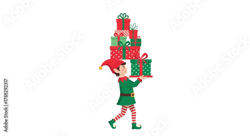 A cheerful christmas elf carrying a tall stack of festive red and green gift boxes on a white background