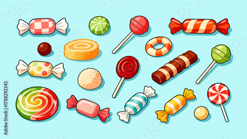 A collection of various candies, cartoon hand-drawn vector illustrations, lollipops, gummy candies, fruit candies, chocolate candies, and crystal candies