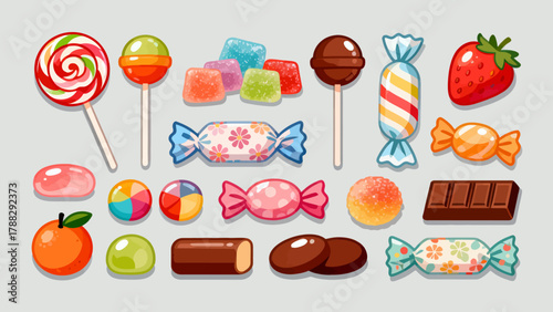 A collection of various candies, cartoon hand-drawn vector illustrations, lollipops, gummy candies, fruit candies, chocolate candies, and crystal candies