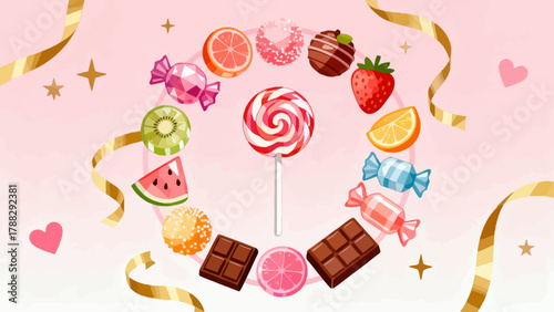 A collection of various candies, cartoon hand-drawn vector illustrations, lollipops, gummy candies, fruit candies, chocolate candies, and crystal candies