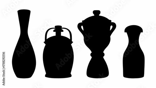 Silhouette illustration of four distinct vessels including vases and a lidded jar in black color