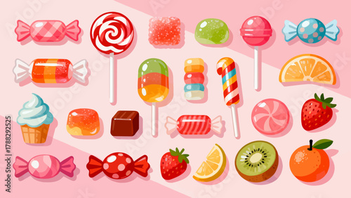 A collection of various candies, cartoon hand-drawn vector illustrations, lollipops, gummy candies, fruit candies, chocolate candies, and crystal candies