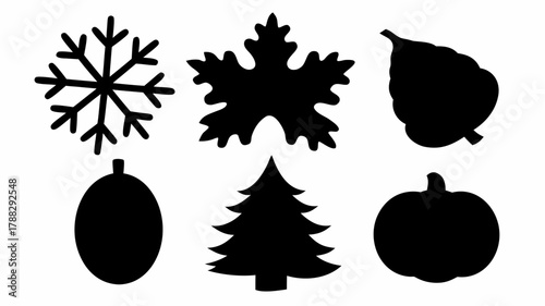 Silhouette images of a snowflake, leaf, acorn, ornament, christmas tree and pumpkin on a white background