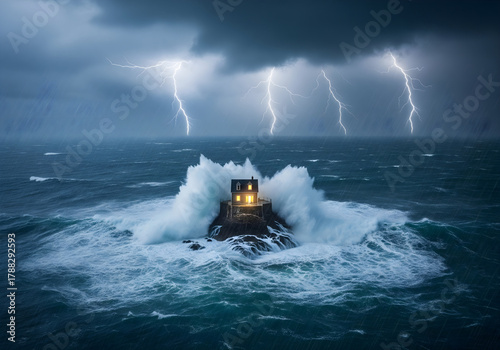Fototapeta Naklejka Na Ścianę i Meble -  Small isolated house on a rock in a stormy sea with huge waves and lightning.