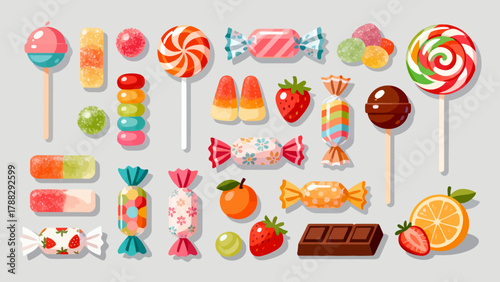 A collection of various candies, cartoon hand-drawn vector illustrations, lollipops, gummy candies, fruit candies, chocolate candies, and crystal candies