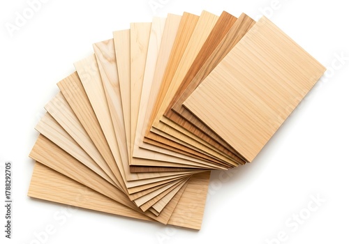 A fan of various wood veneer samples showcasing different grain patterns and natural wood tones