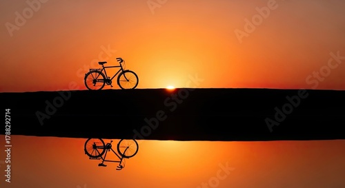 Silhouette of a Bicycle Against a Vibrant Sunset Reflecting in Water