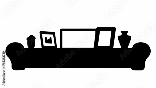 Silhouette of a shelf with decorative items including a vase frames and a small potted plant displayed