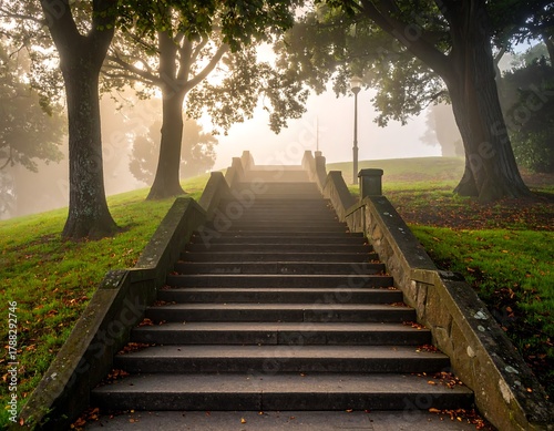 Stone steps ascend through a misty park with trees.