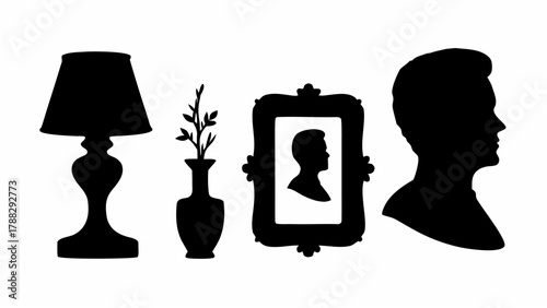 Silhouette of a lamp, vase with branches, framed portrait, and head profile on a white background
